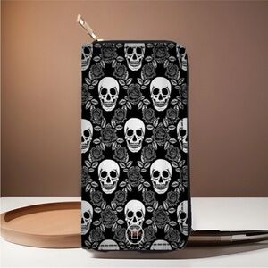 NEW Skulls & Roses Zip Around Black And White Faux Leather Wallet